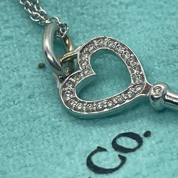Tiffany & Co Diamond 18K White Gold Heart Key Pendant 18" Chain Necklace in Box - Picture 14 of 16